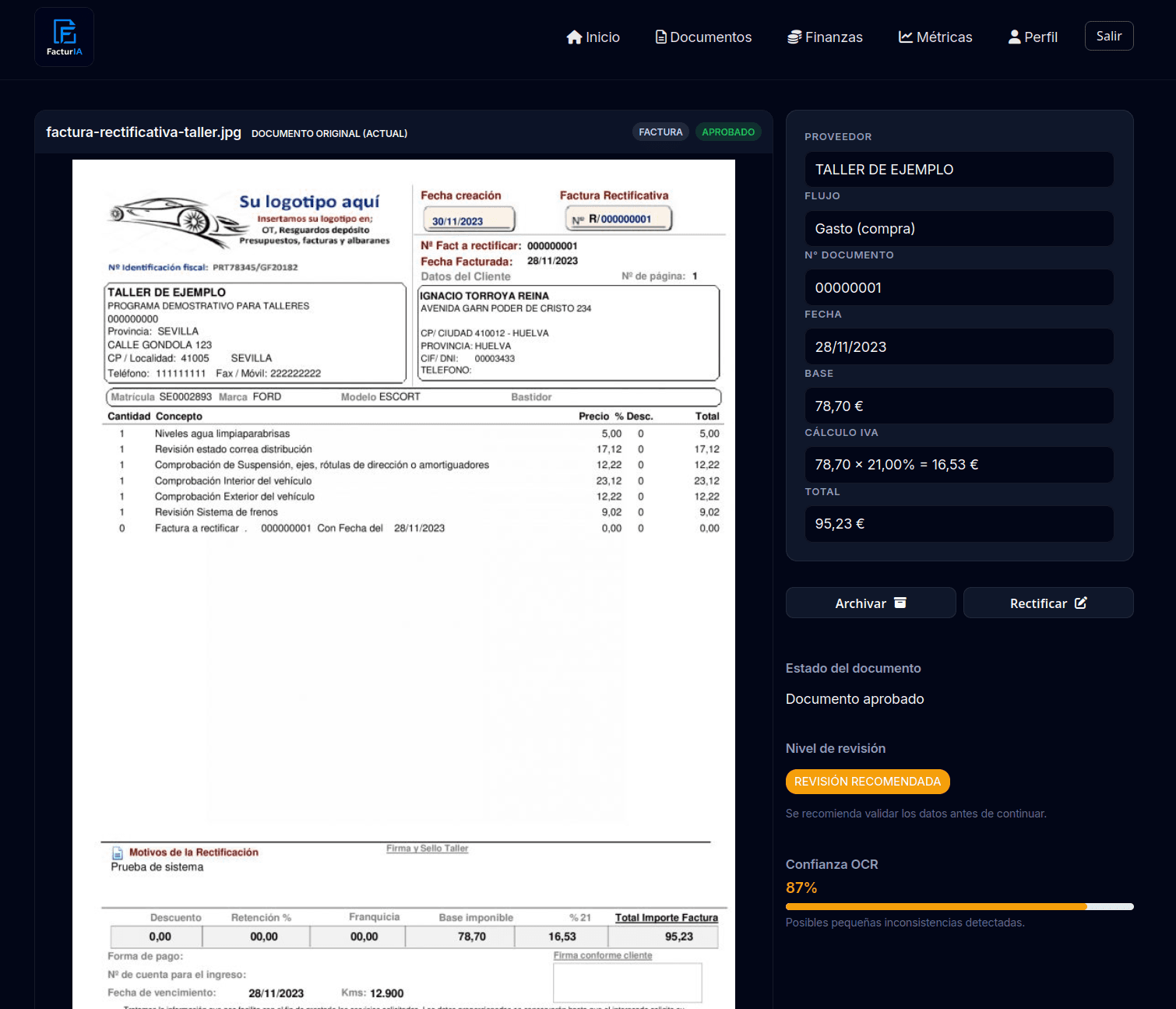 Detalle de factura con datos extraídos por OCR